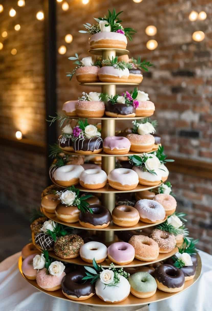 A wall of assorted donuts arranged in tiers, decorated with flowers and greenery, serves as an alternative to a traditional wedding cake