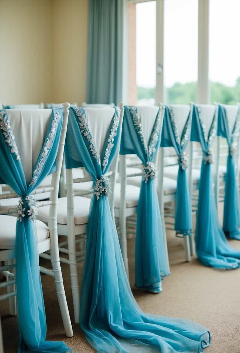 Dusty blue bridesmaid robes with silver embroidery draped over chairs in a sunlit room