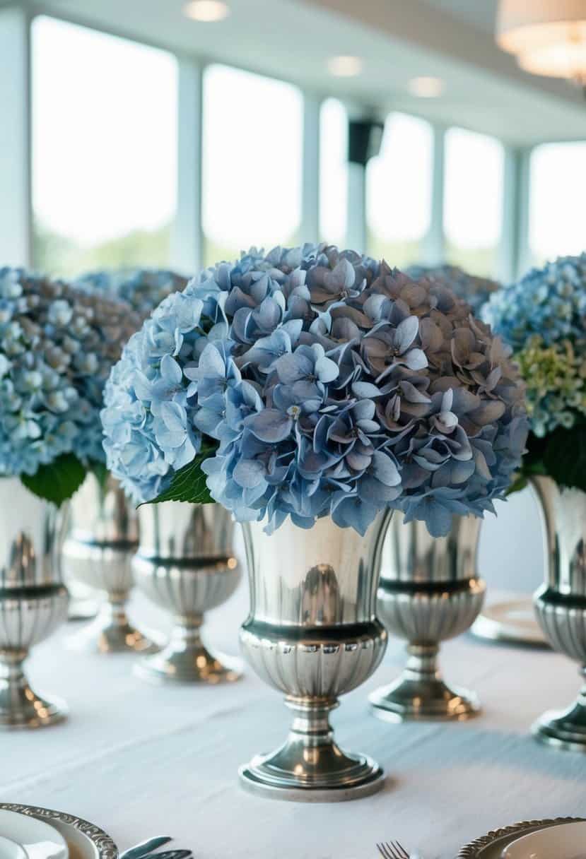 Silver vases filled with dusty blue hydrangeas arranged on a white tablecloth
