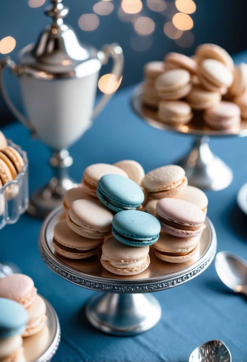A dusty blue and silver dessert table adorned with macarons