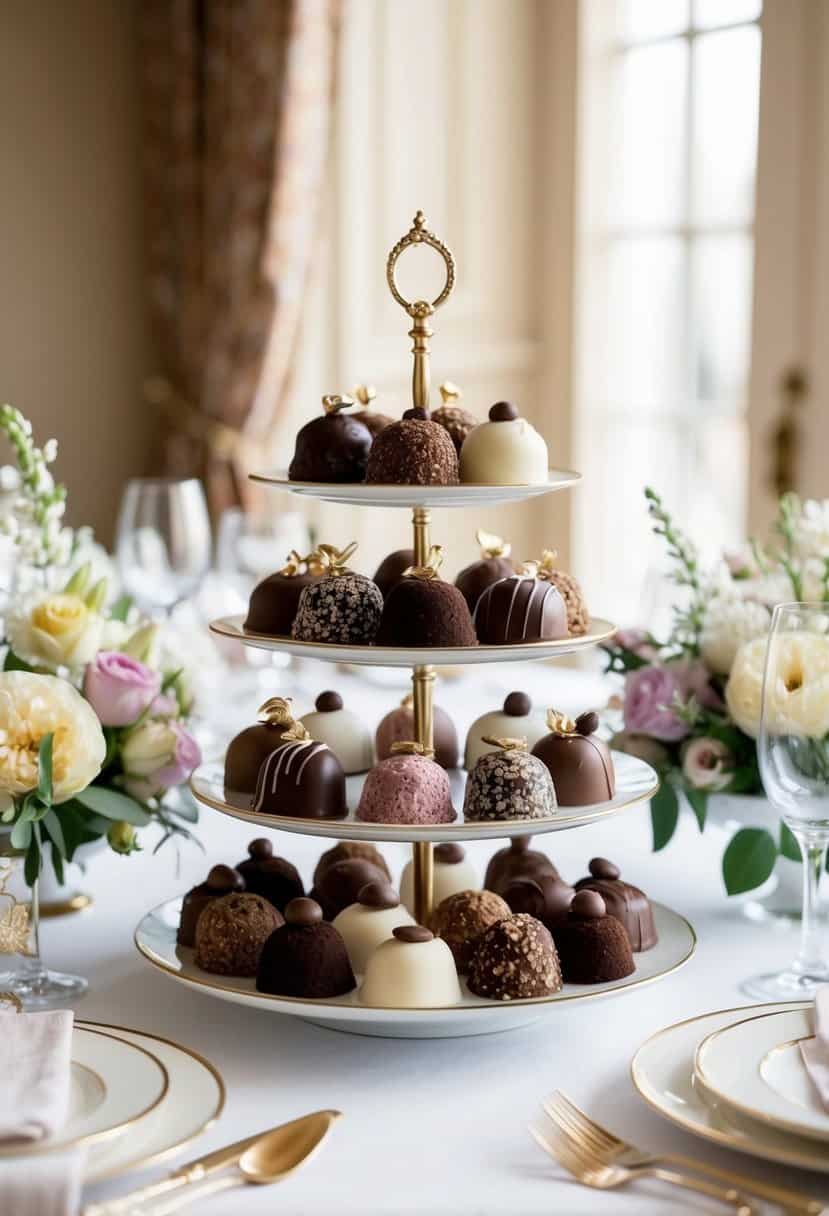 A platter of assorted truffles displayed on a tiered stand, surrounded by delicate floral arrangements and elegant table settings