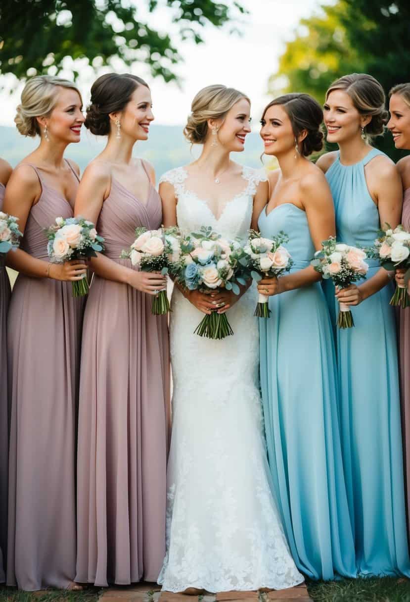 A group of bridesmaid dresses in dusty rose and baby blue, arranged in a picturesque wedding setting