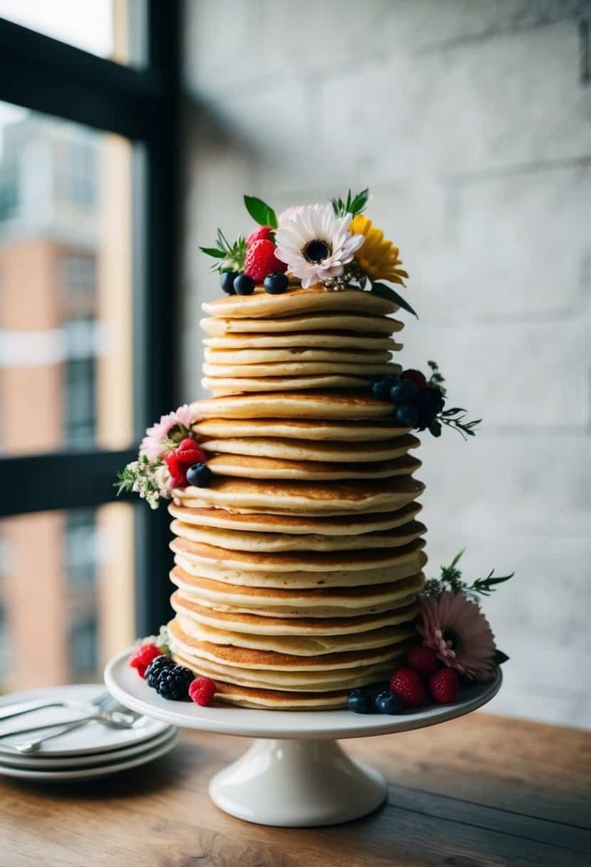 A towering stack of pancakes adorned with flowers and berries, serving as an alternative wedding cake