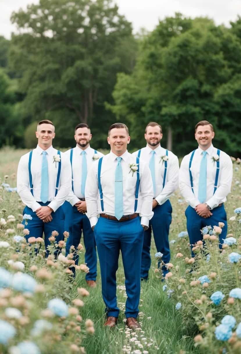 A group of groomsmen wearing baby blue ties stand in a field of dusty rose and baby blue flowers at a wedding