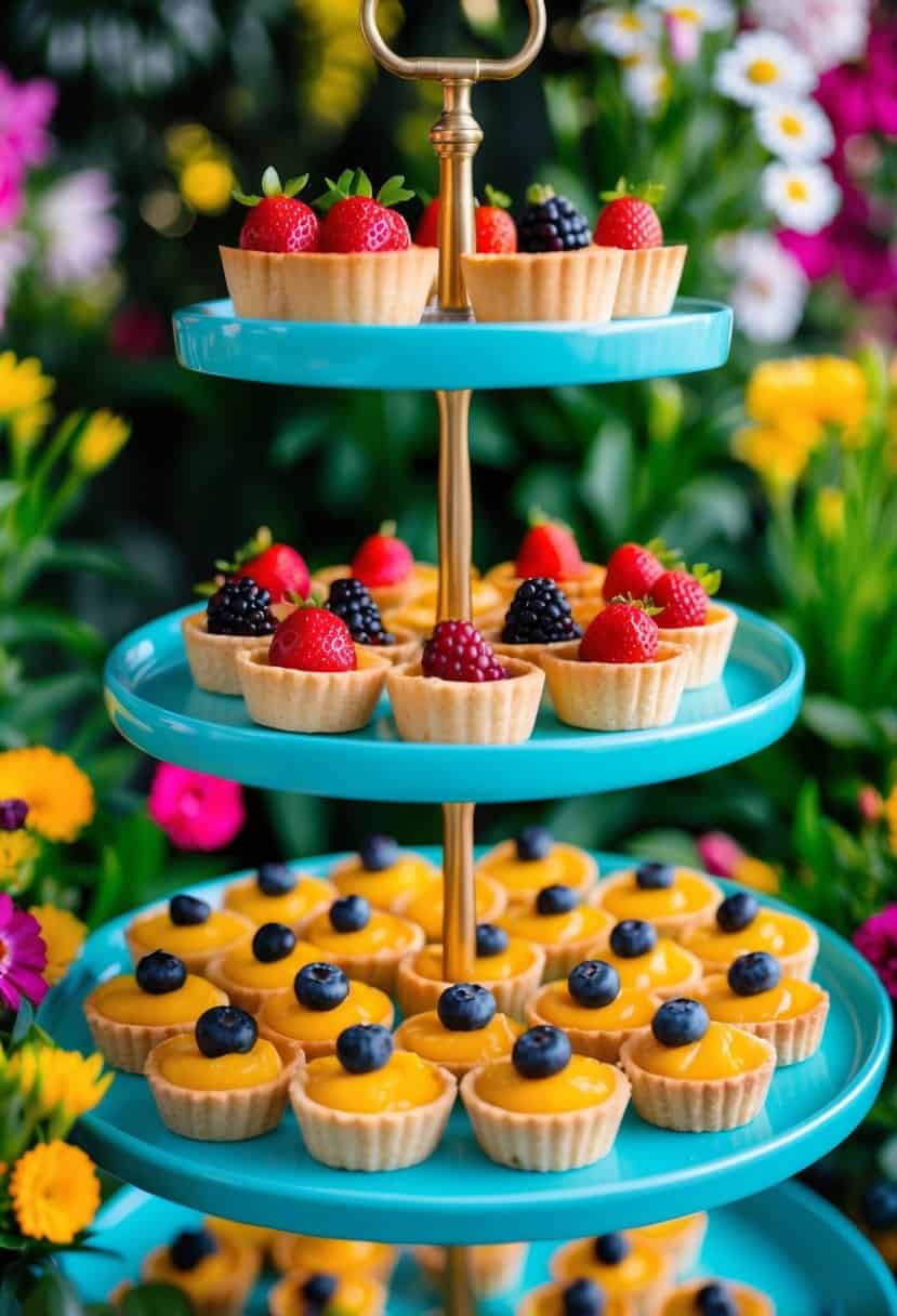A colorful array of fruit tarts arranged on tiered stands, surrounded by vibrant flowers and greenery