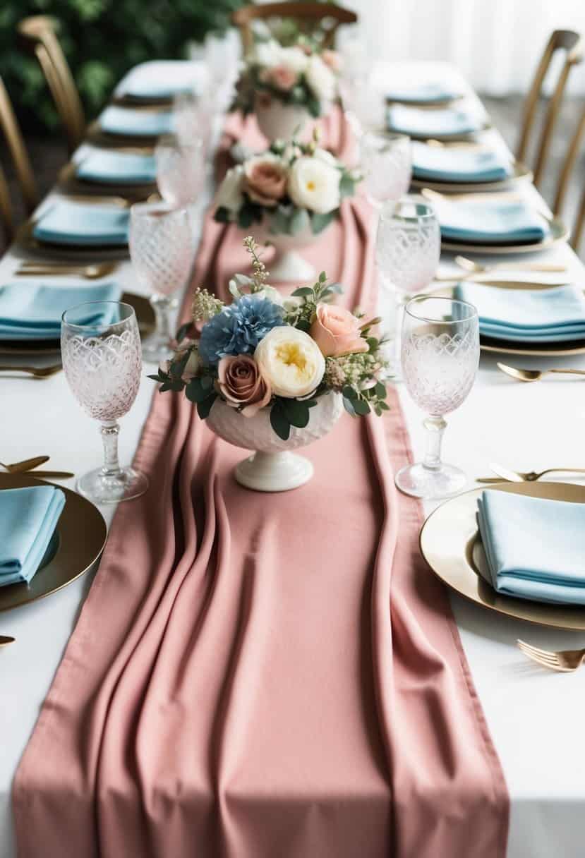 Dusty rose table runners draped across a table, paired with baby blue napkins and floral centerpieces