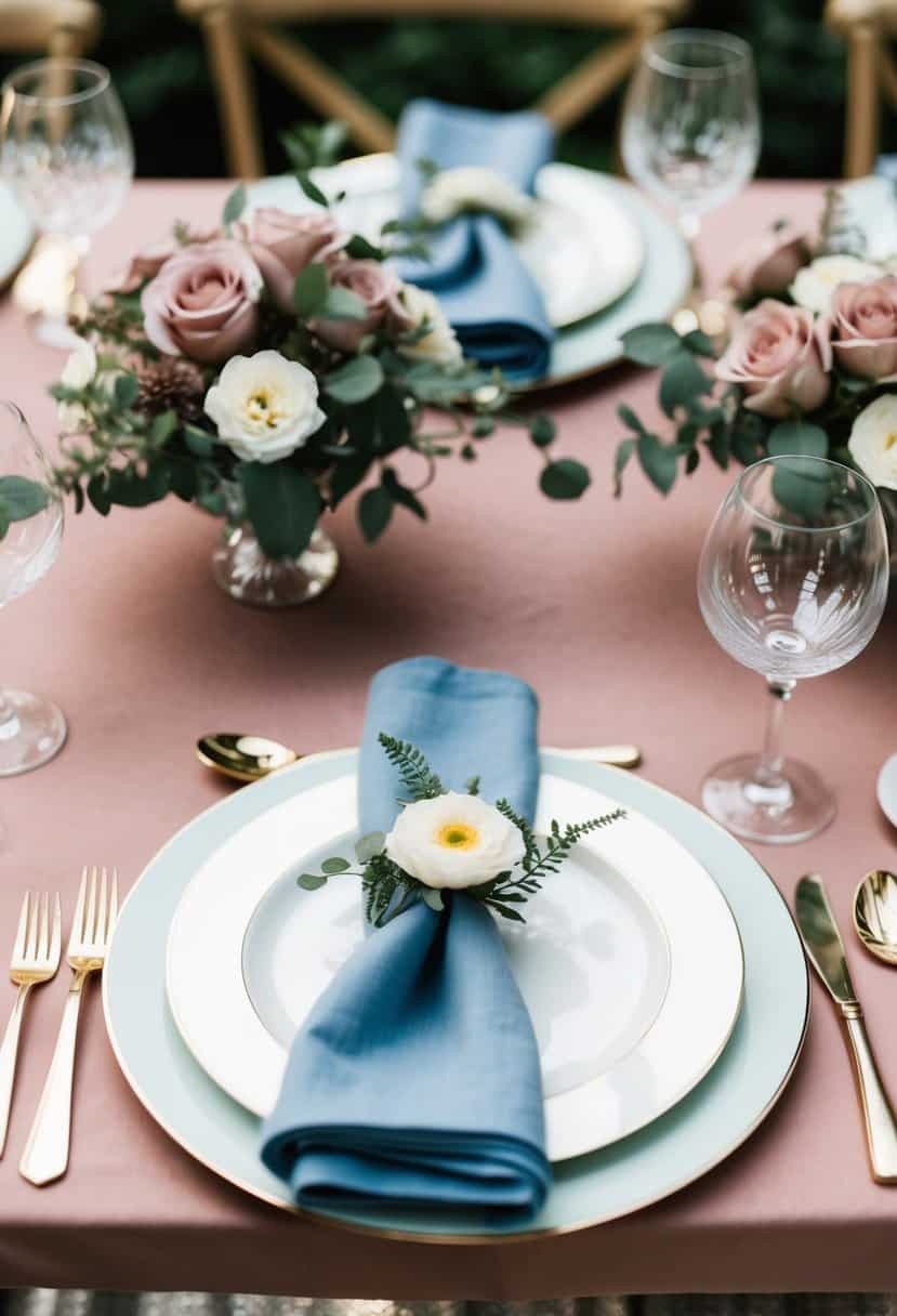 A table set with dusty rose and baby blue napkins, complemented by matching floral centerpieces