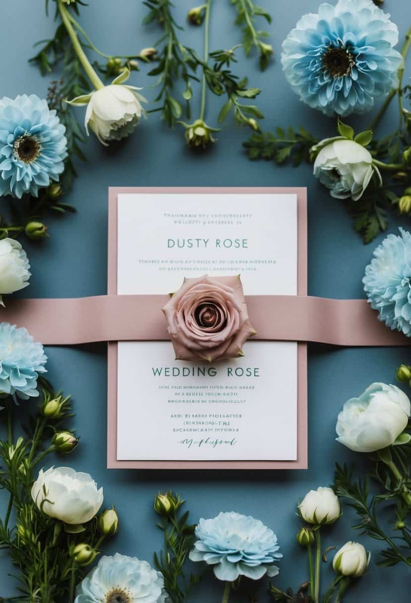 A dusty rose wedding invitation surrounded by delicate baby blue flowers and greenery