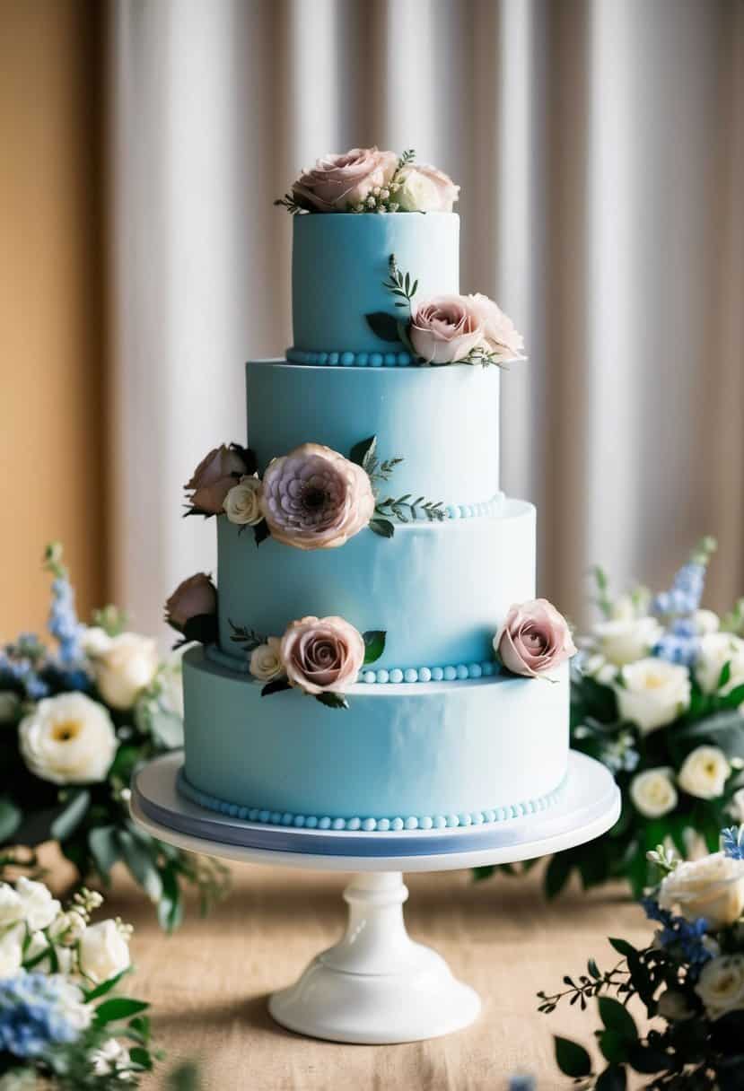 A tiered cake adorned with baby blue and dusty rose decorations sits on a table, surrounded by coordinating floral arrangements and wedding decor