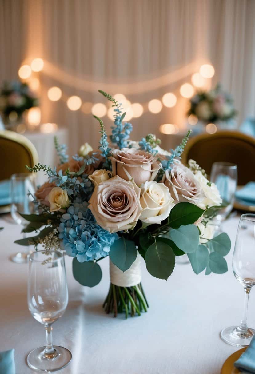 A wedding table adorned with dusty rose flower bouquets and accents of baby blue