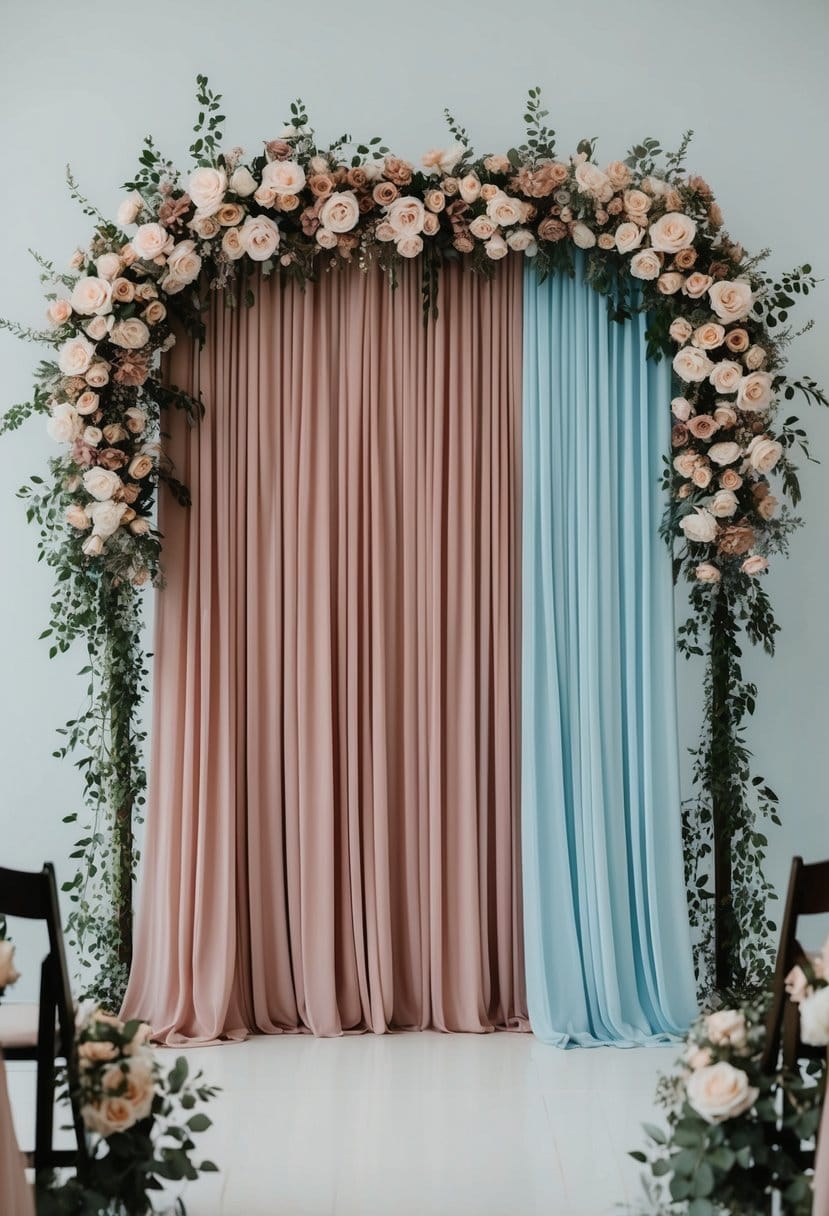 A dusty rose and baby blue ceremony backdrop with flowing fabric and floral arrangements