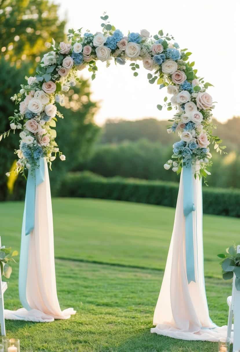 A wedding arch adorned with dusty rose and baby blue flowers and ribbons, set against a backdrop of lush greenery and soft sunlight