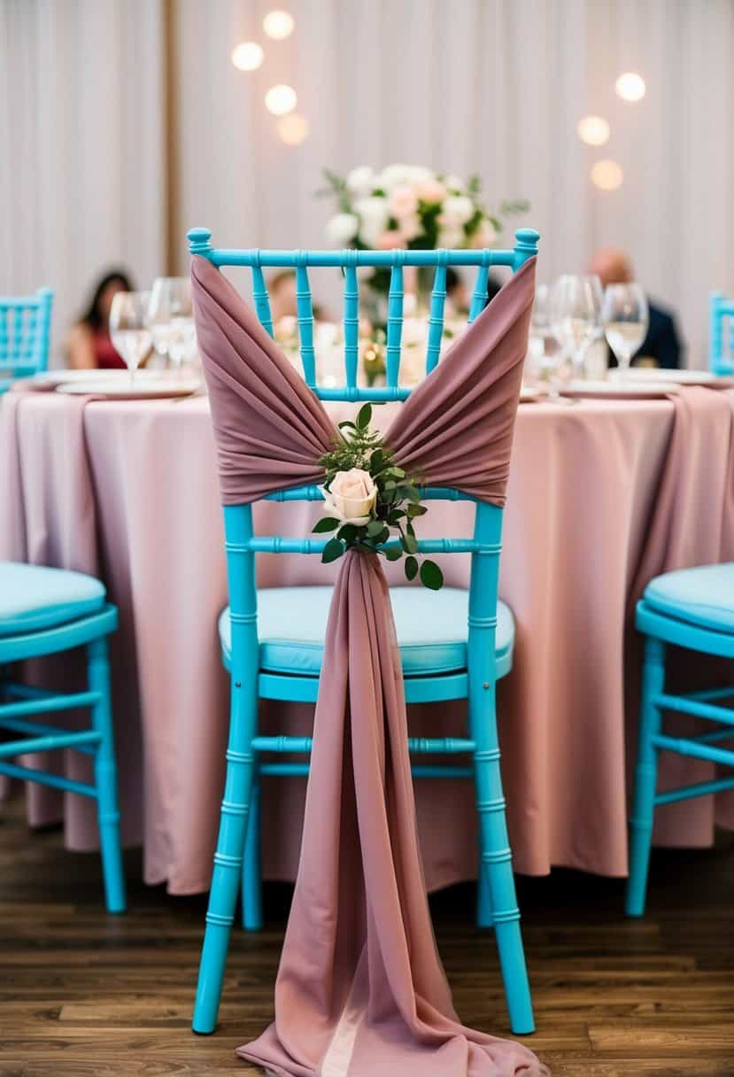 Dusty rose chair covers draped over baby blue chairs at a wedding reception