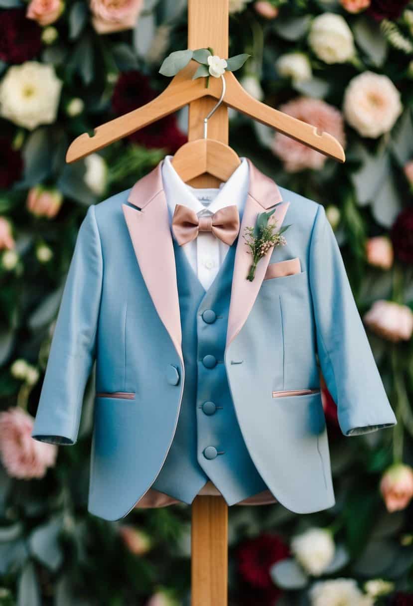 A dusty rose and baby blue ring bearer suit displayed on a wooden hanger with a floral backdrop