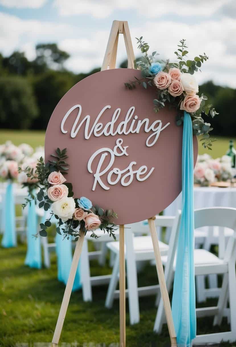 A dusty rose wedding sign with baby blue accents and floral decorations