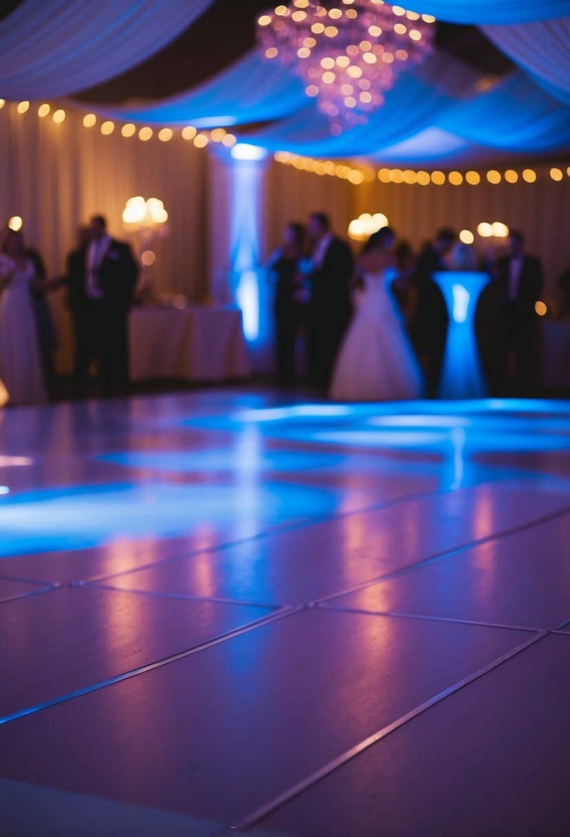 Dusty rose and baby blue lights illuminate a dance floor at a wedding