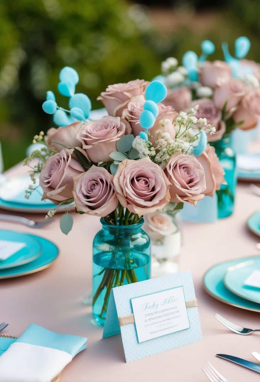 A table adorned with dusty rose wedding favors and baby blue accents
