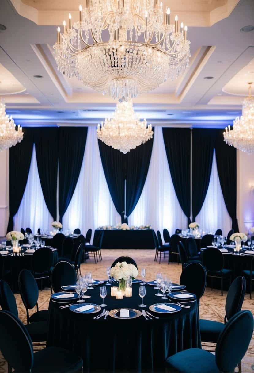 A grand ballroom adorned with black velvet drapes, crystal chandeliers, and sleek onyx table settings