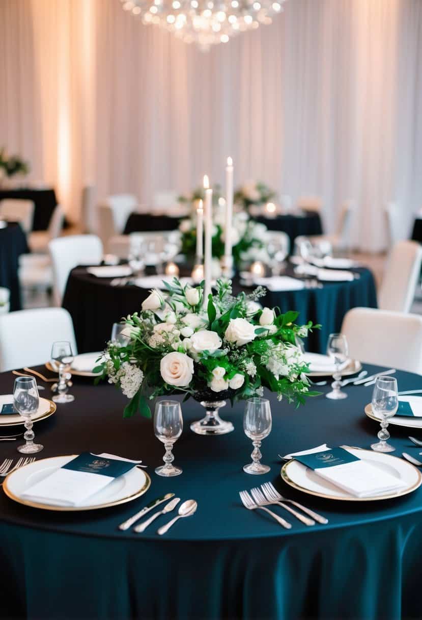 A sleek black wedding table adorned with midnight pearl accents and elegant floral arrangements