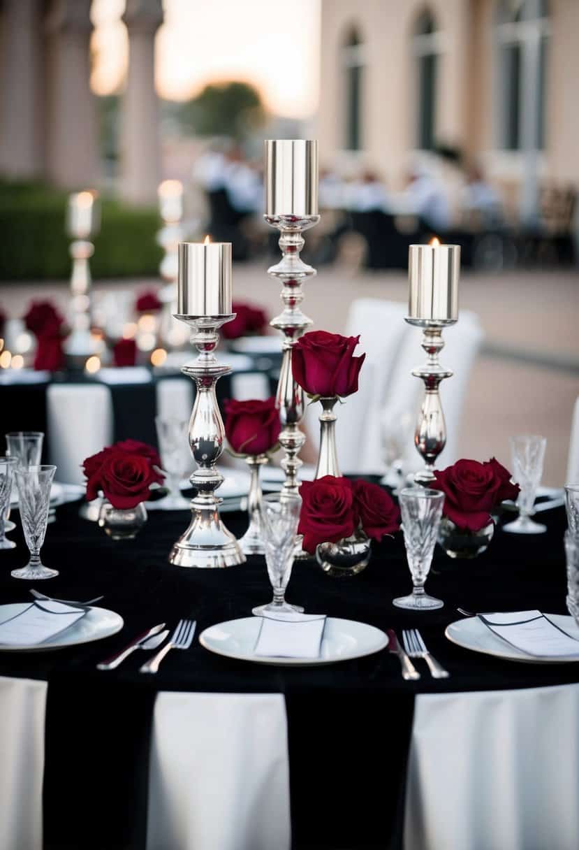 A sleek black velvet tablecloth adorned with elegant silver candlesticks and deep red roses, creating a romantic and luxurious wedding color scheme