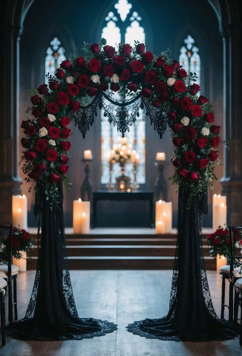 A grand, ornate black wedding arch adorned with deep red roses and draped in black lace, set against a backdrop of dimly lit, gothic-inspired surroundings