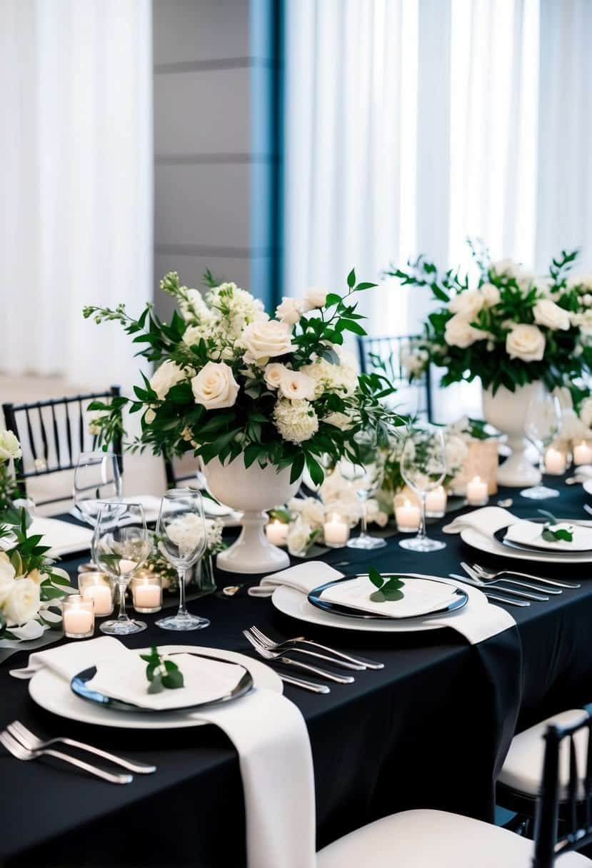 A sleek black and white wedding table adorned with elegant floral centerpieces and matching place settings