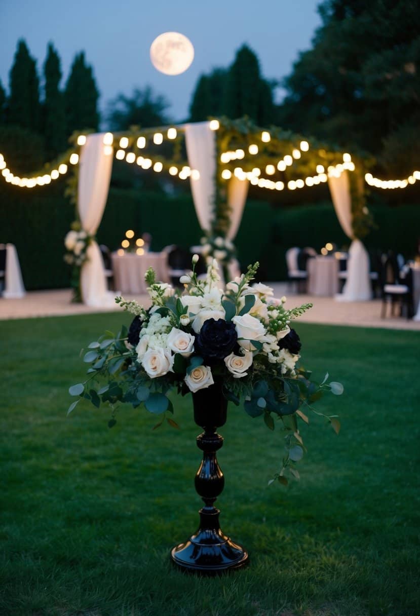 A moonlit garden with elegant black wedding decor and flowers