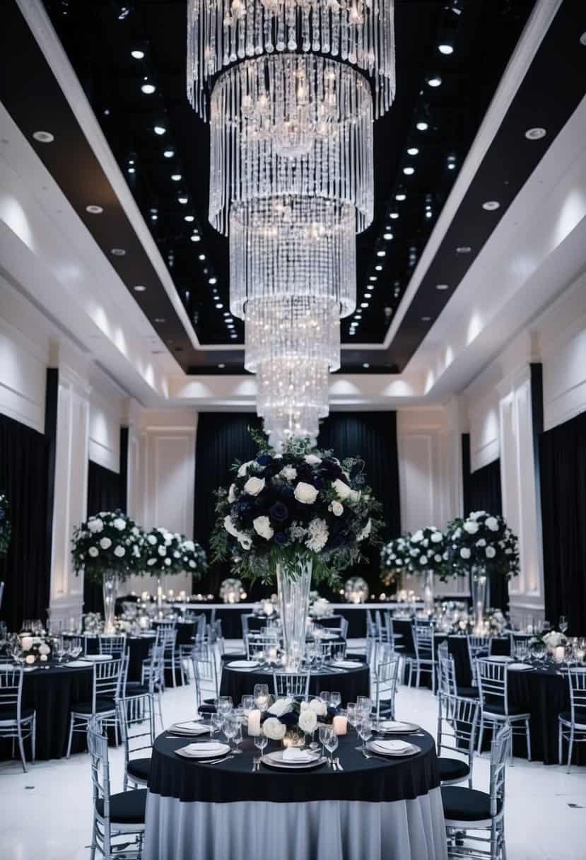 A grand ballroom adorned in sleek black and silver decor, with cascading crystal chandeliers and opulent floral arrangements in deep onyx hues