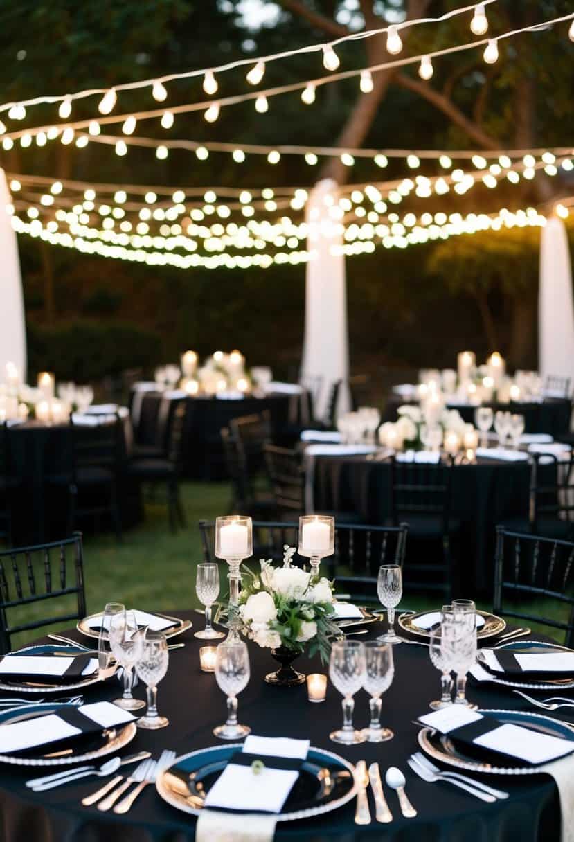 A sleek black wedding table set with silver accents and crystal glassware under twinkling string lights