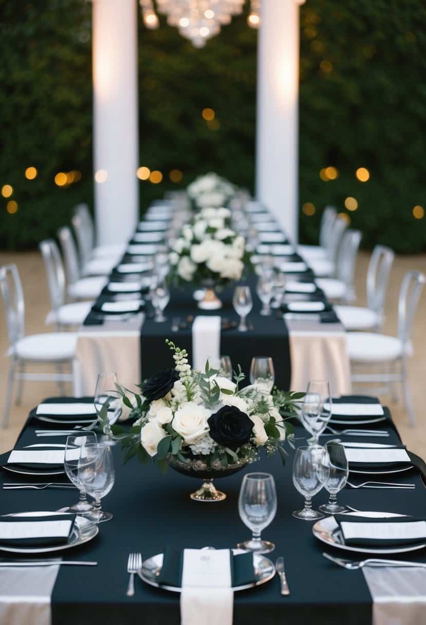 A sleek black wedding table adorned with silver accents and elegant black floral arrangements