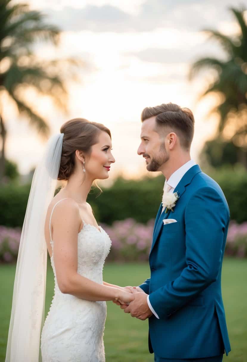 A bride and groom standing face to face, holding hands and gazing into each other's eyes, with a soft, romantic backdrop