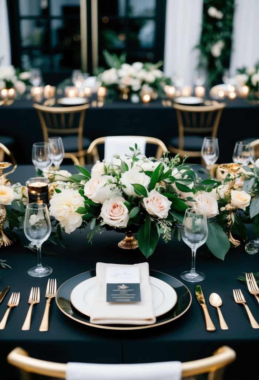 A sleek black wedding table setting with gold accents and luxurious floral arrangements