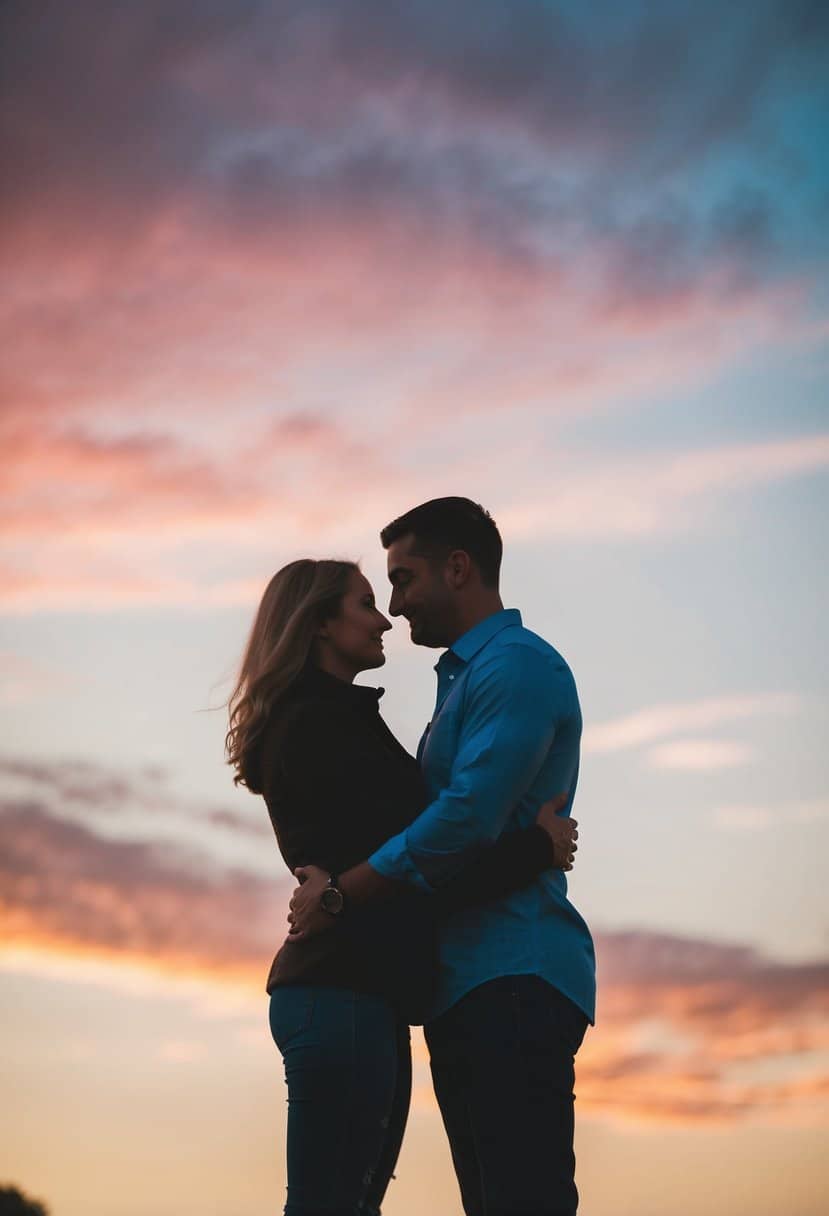 A couple standing close, silhouetted against a colorful sky, with their arms wrapped around each other in a loving embrace