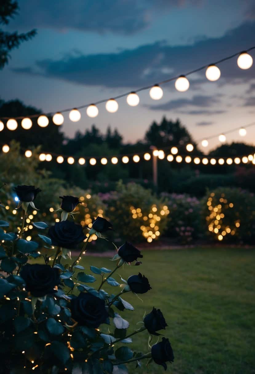 A romantic garden adorned with black roses and twinkling fairy lights under the dusky sky