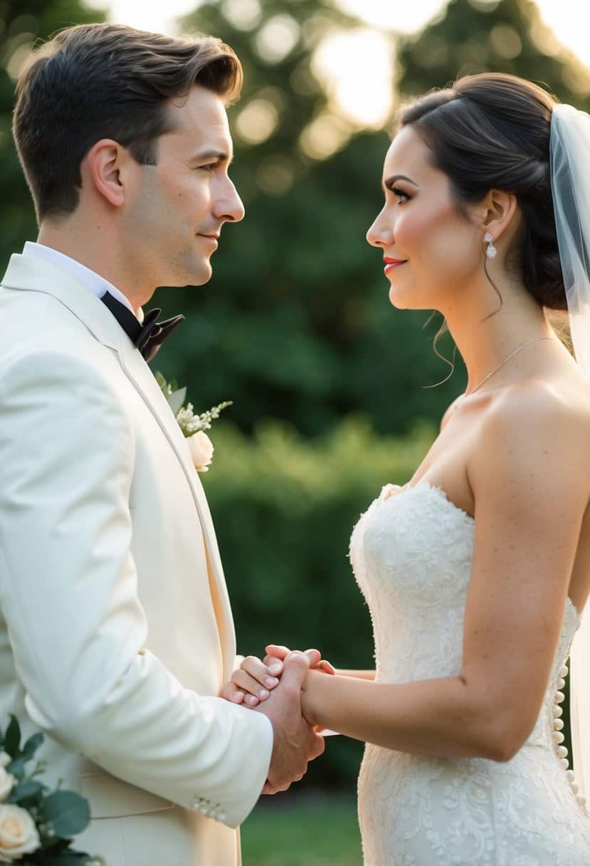 A bride and groom stand face to face, gazing into each other's eyes. The groom holds the bride's hand, both wearing elegant attire