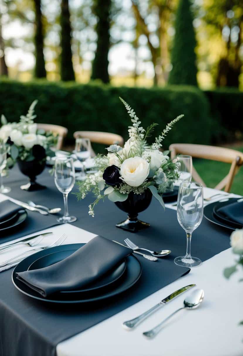 A sleek black wedding table setting with charcoal linens, elegant silverware, and delicate floral centerpieces