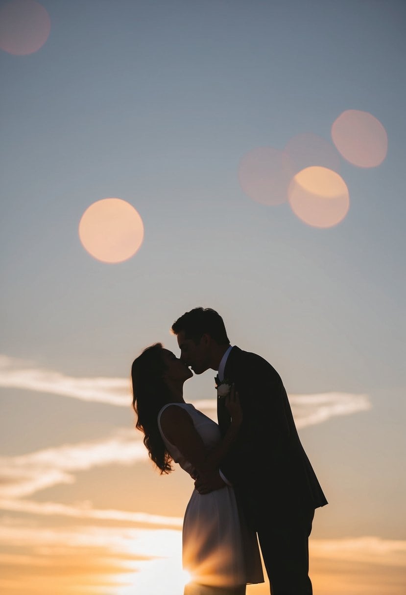 A couple's silhouette against a sunset, leaning in for a dip kiss