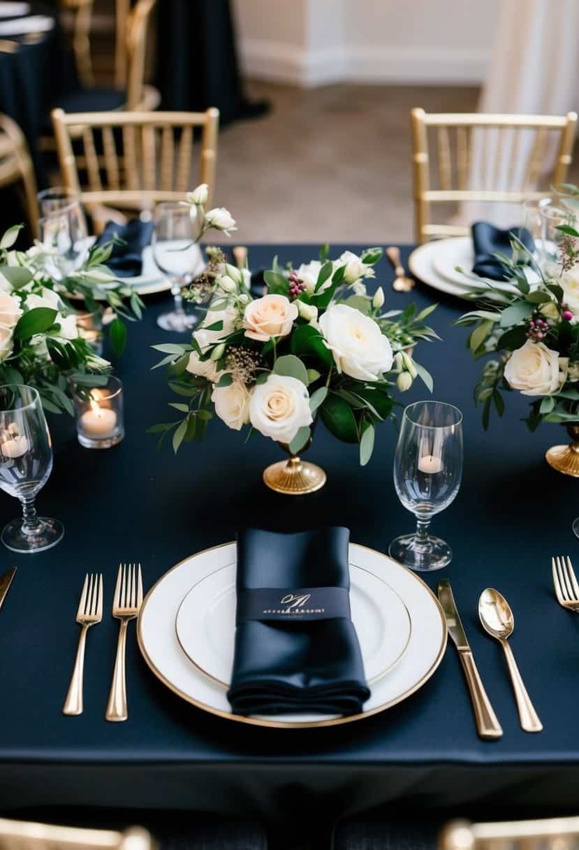 A sleek black wedding table set with satin napkins and elegant floral centerpieces