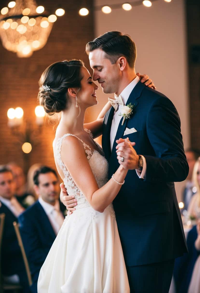 A bride and groom dancing intimately, surrounded by soft candlelight and romantic ambiance
