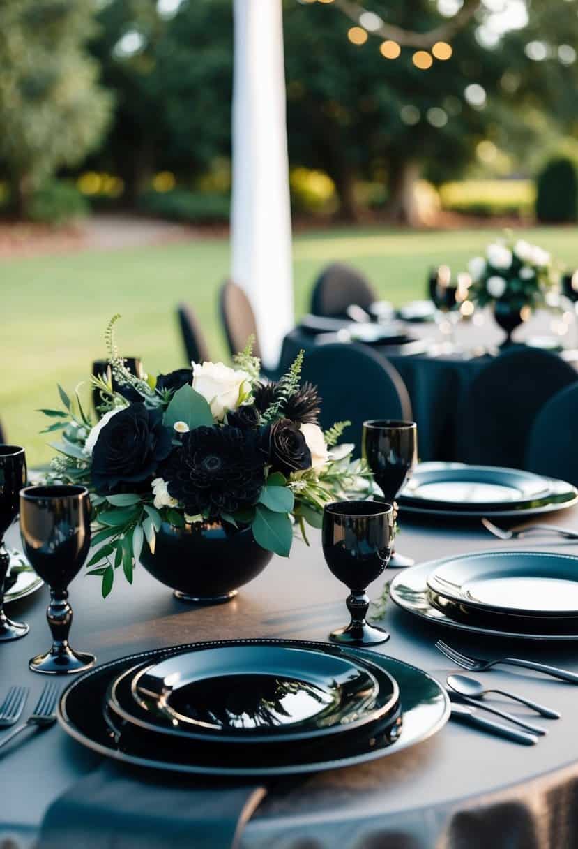 A sleek black wedding table setting with shimmering black linens, glossy black dinnerware, and elegant black floral centerpieces