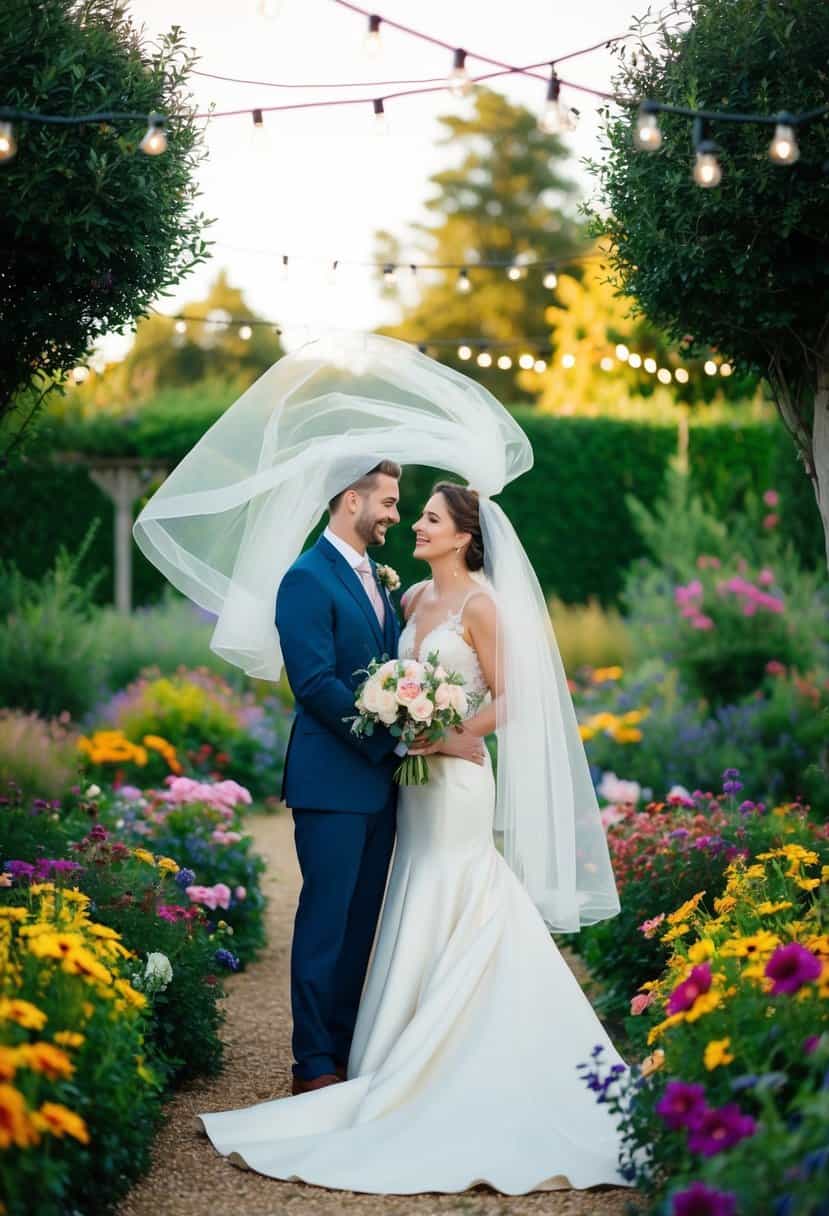 A bride and groom stand beneath a billowing, whimsical veil, surrounded by a garden of colorful flowers and twinkling lights