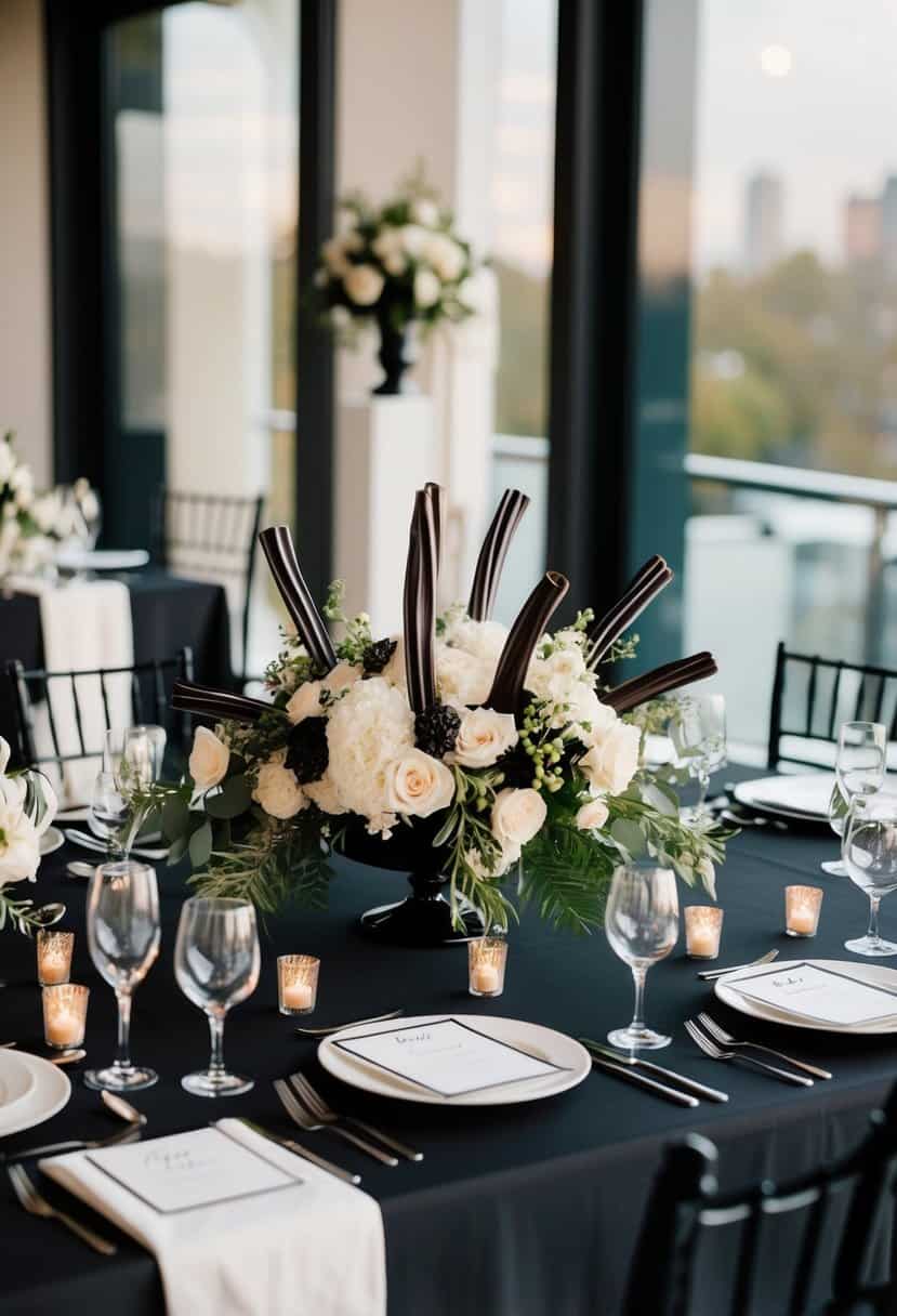 A sleek black wedding table adorned with licorice-themed decor and elegant floral arrangements