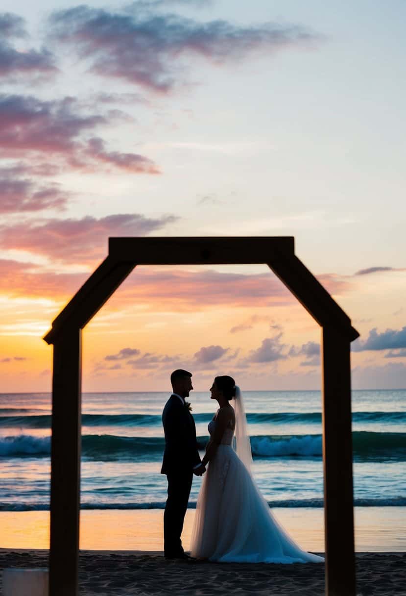 A serene beach at sunset, with the bride and groom's silhouettes holding hands, framed by the colorful sky and gentle waves