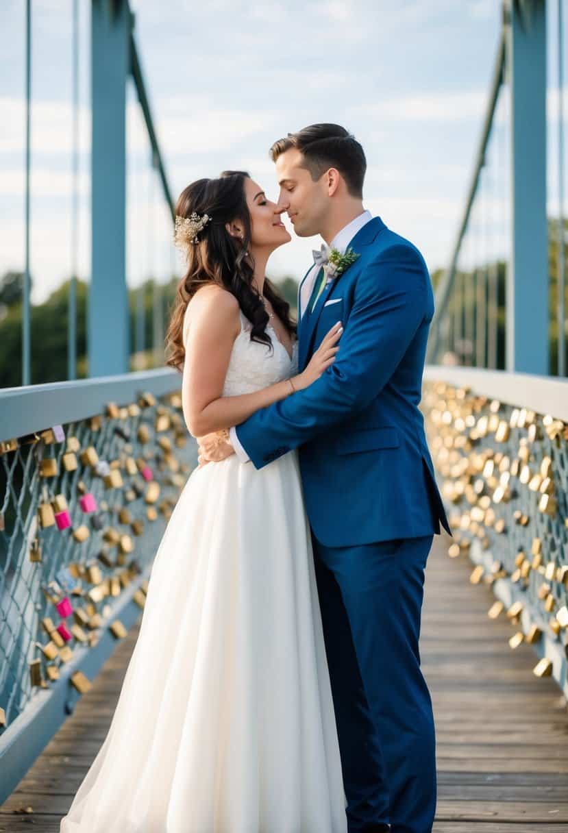 A bride and groom stand on a bridge, surrounded by love locks, as they share a tender moment