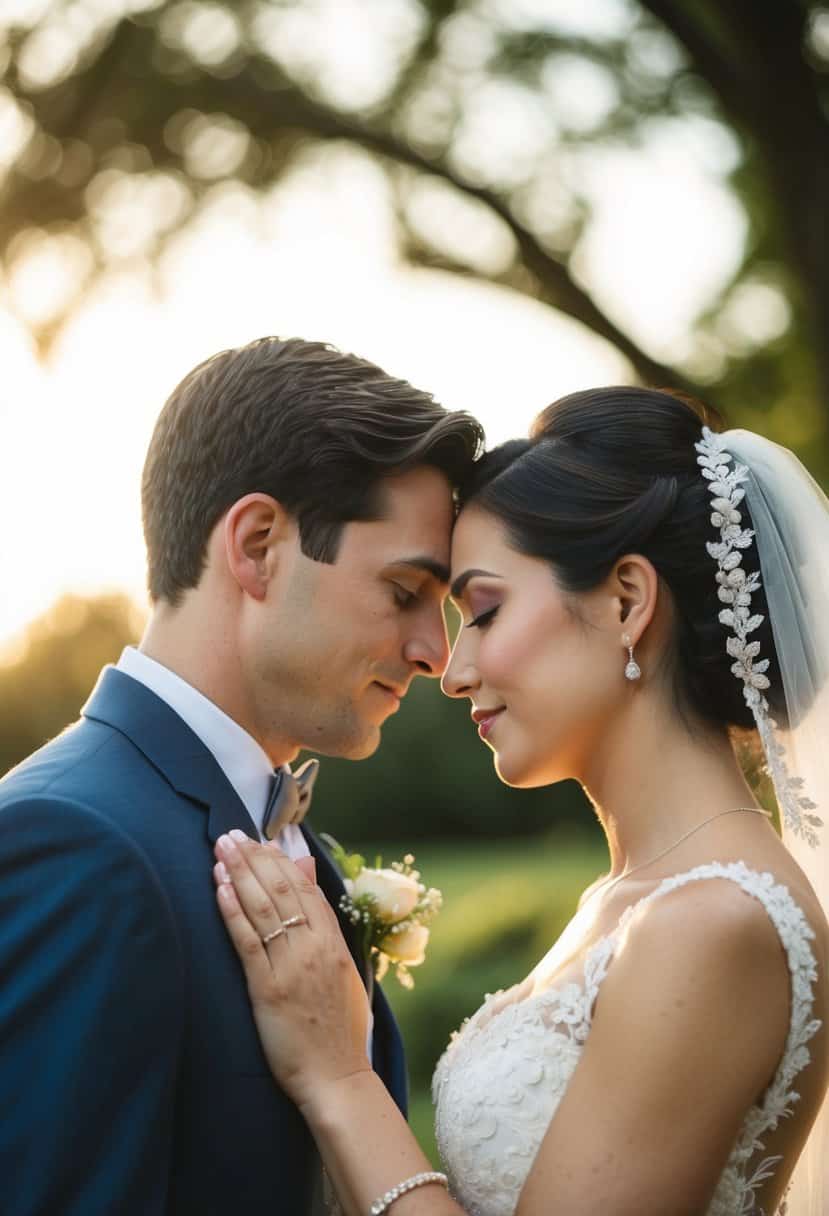 A gentle forehead touch between two figures in wedding attire