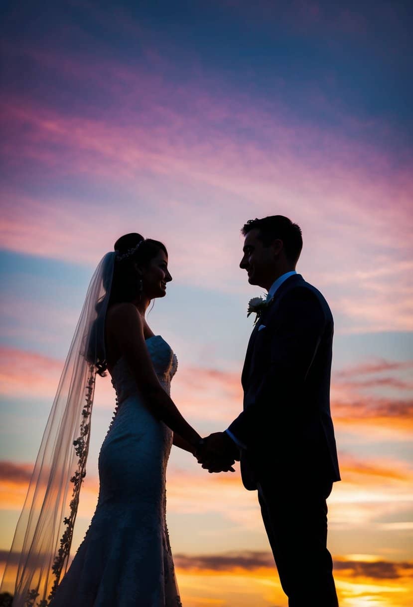 A bride and groom stand facing each other, their silhouettes outlined against the colorful sunset sky, creating a romantic and picturesque setting for a wedding photo
