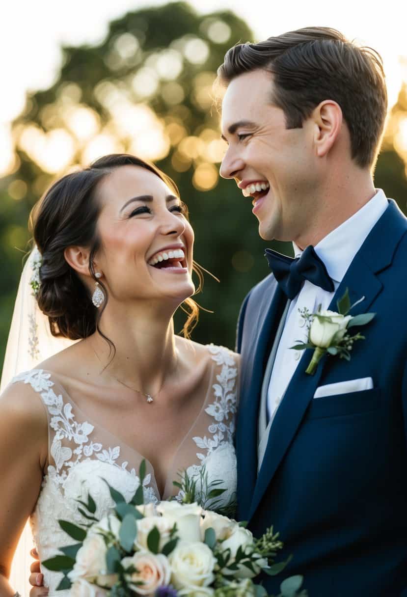 The bride and groom share a moment of genuine laughter, their faces illuminated by joy