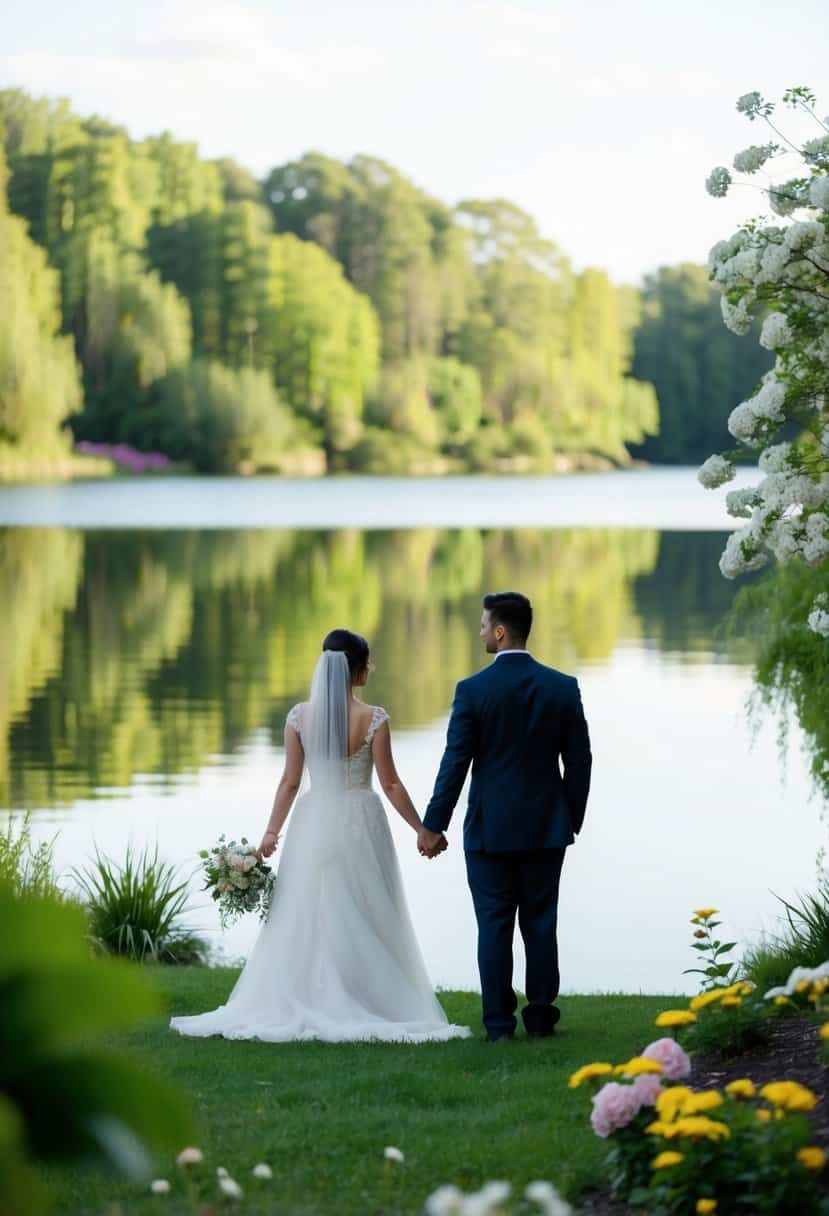 A serene lake reflects the silhouette of a bride and groom standing hand in hand, surrounded by lush greenery and blooming flowers