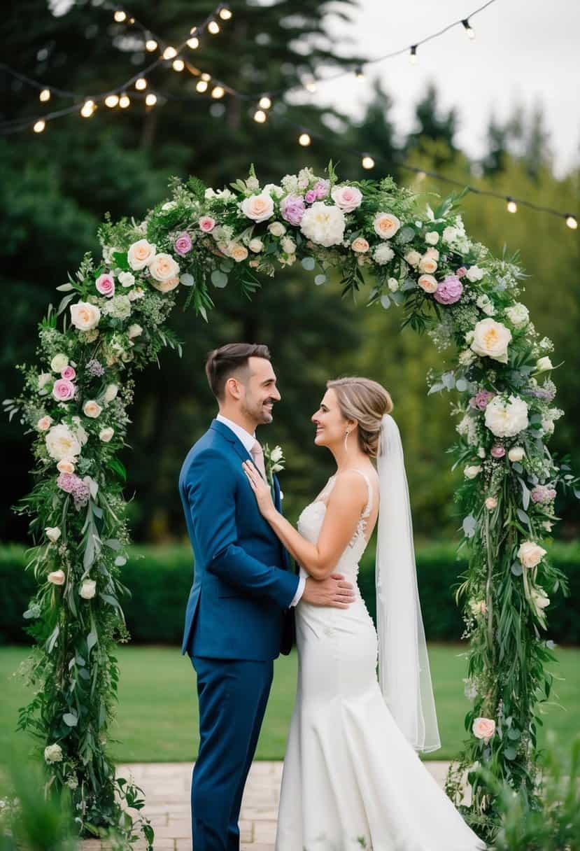 A bride and groom stand under a floral wedding arch, surrounded by greenery and twinkling lights