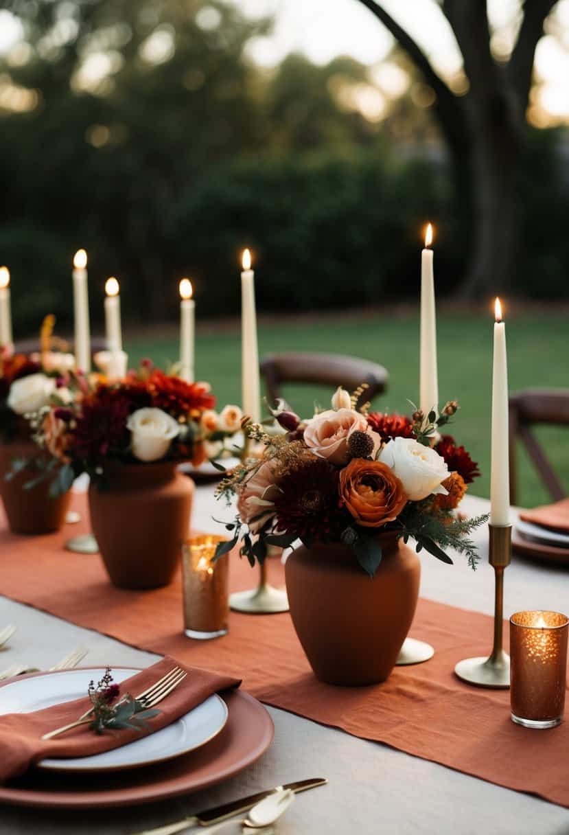 A terracotta wedding table setting with earth tone flowers and candles